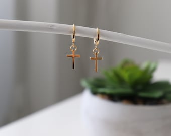 Gold Cross Earrings, Earrings with cross charm, Cross hoops gold, dangle cross earrings