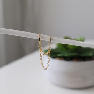 Connected earrings, gold hoop earring, double-piercings set, gold plated, combo of two hoops