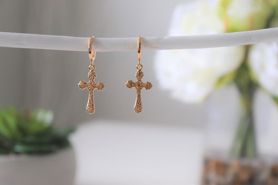 Gold Cross Earrings, Religious Earrings, Cross dangle Earrings, Earrings With Cross Charm