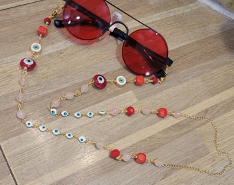 Chain for glasses • Evil Eye • Natural pearl • Gold filled • Handmade Sunny Cord • Green • Red