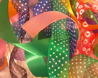 Satin and Organza Mixed Ribbon Off cuts Bundle 10 20 30 Metres  Assorted Colours 1&quot; wide Plain, Floral, POLKA DOTS multipack Crafts tying