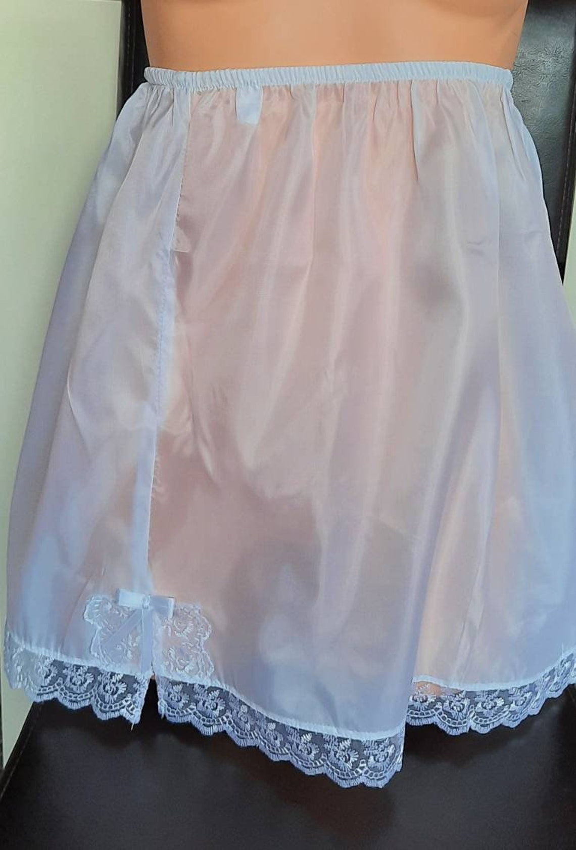 Handmade White Nylon Half Slips UK Size 620 Floral Lace Trim Waist