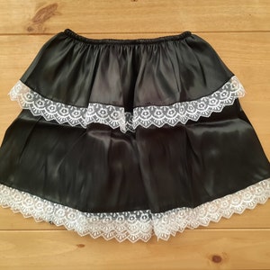 Pretty Mini Satin Half Slip 2 LAYERS | Waist slip Black, White floral lace trim Sissy Glossy Cosplay | Under over skirt | Unisex CROSS DRESS