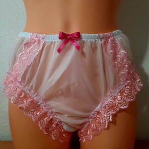 Adult Sissy White and Pink Nylon knickers briefs pantie Sissy Baby Handmade Knickers Sheer See-through Sexy Knickers