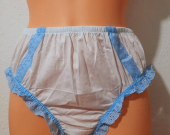 Adult White cotton knickers with pale blue lace briefs Pantie Sissy Baby handmade sexy bloomers, cross dresser cosplay unisex ladies gents