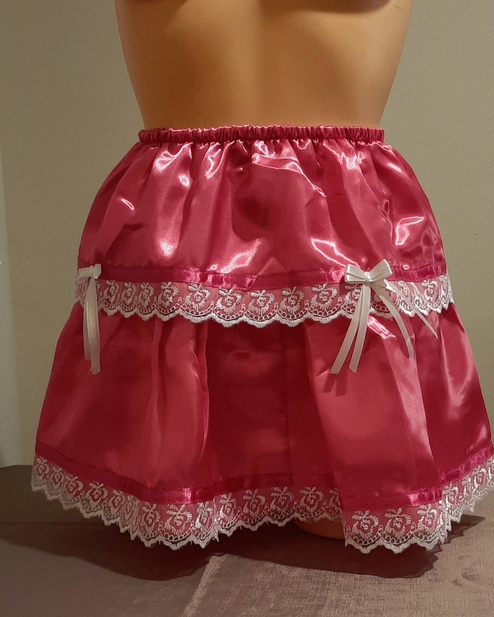 Pretty Mini Satin Half Slip Frilly Waist Slip Fuchsia Pink ,purple With Floral Lace Trim Sissy