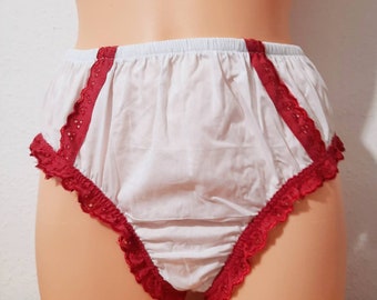 Adult White cotton knickers with red lace briefs Pantie Sissy Baby handmade sexy bloomers, cross dresser cosplay unisex ladies gents