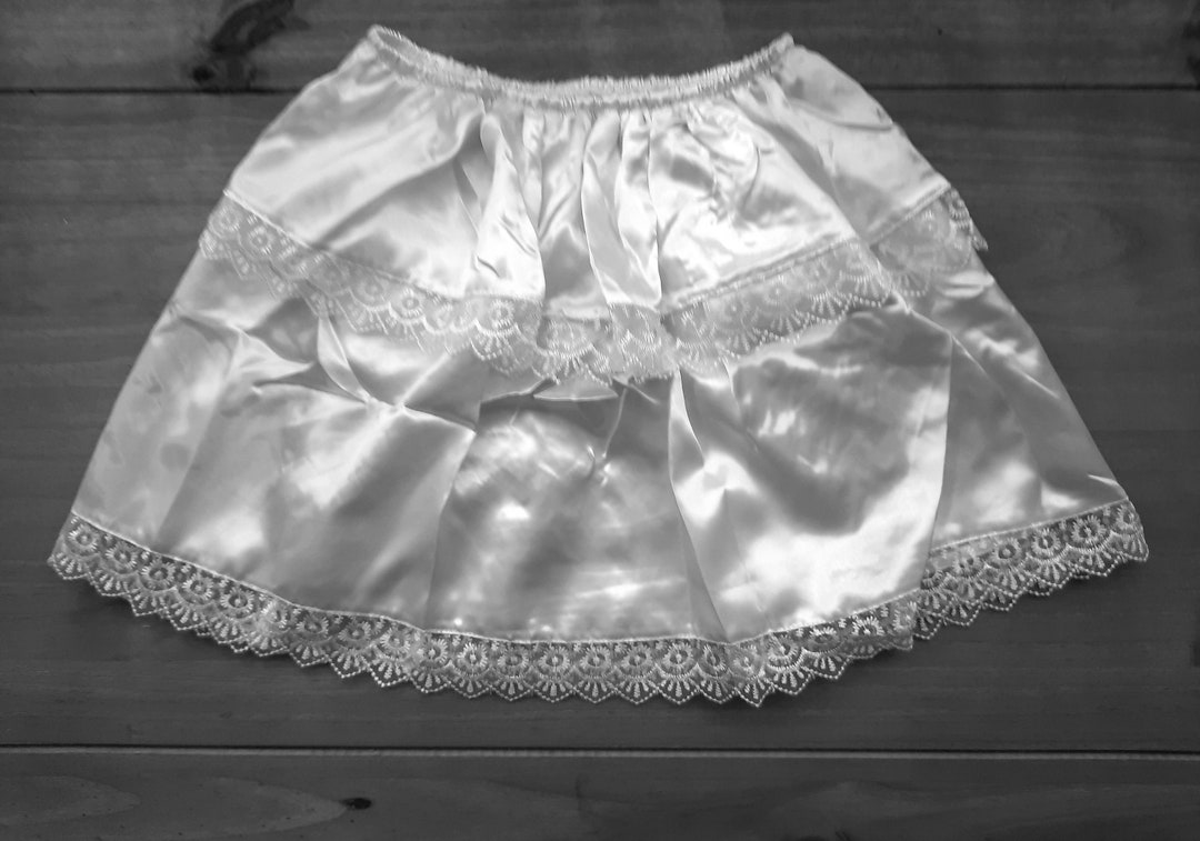 Pretty Mini White Satin Half Slip 2 LAYERS Waist Slip, White Floral Lace Trim Sissy Glossy