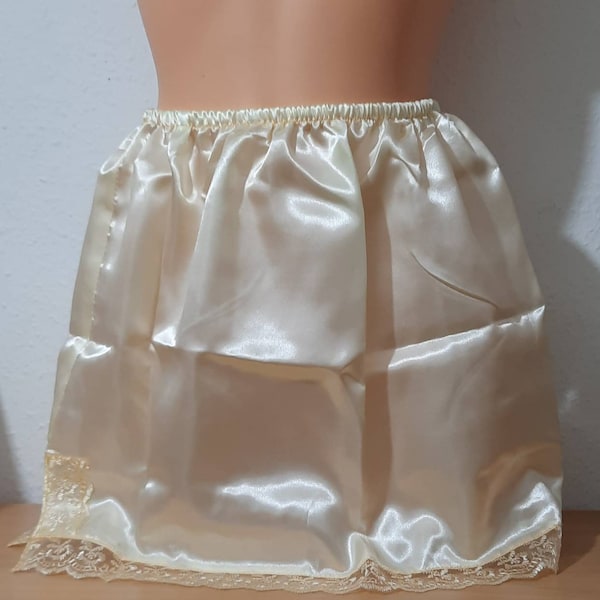 Light yellow mini Underskirt Sissy Glossy Satin half slip Adults Unisex Glamour Sheer waist slip Cosplay UK Floral Lace and bow slip