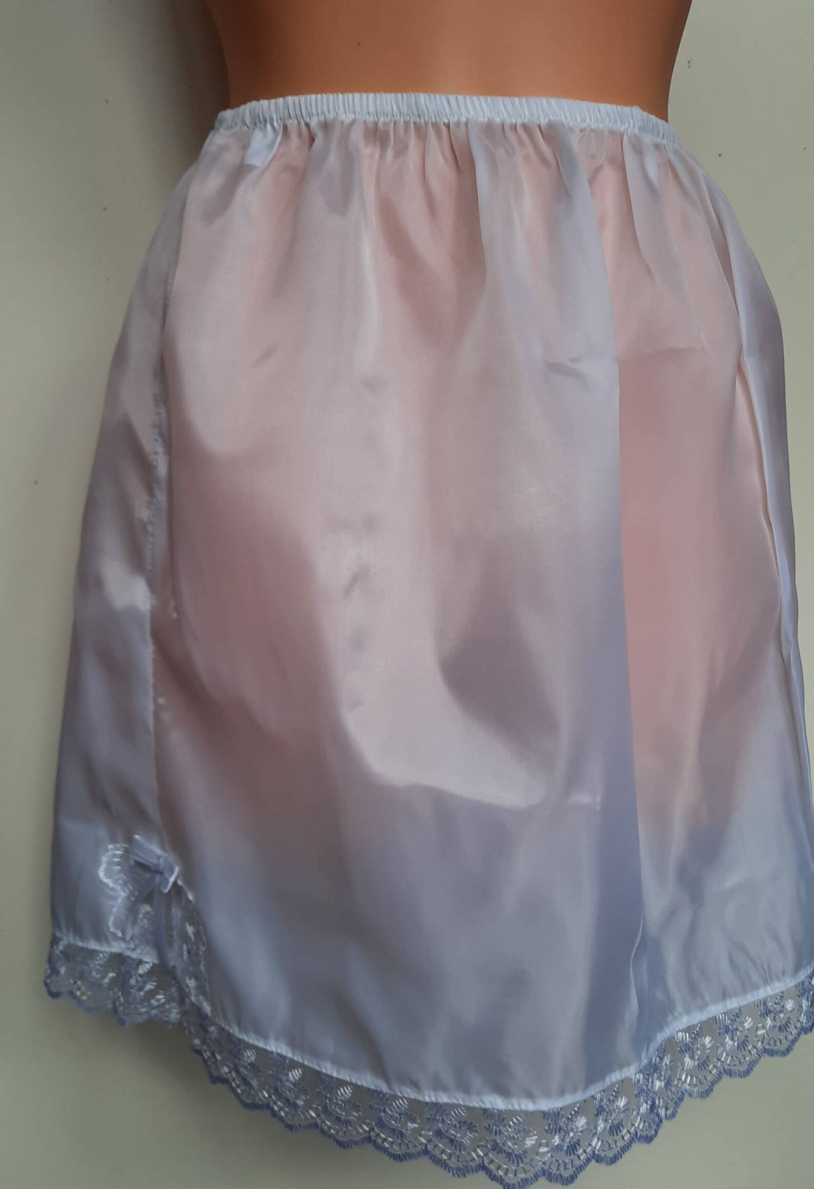 Handmade White Nylon Half Slips UK Size 620 Floral Lace Trim Waist