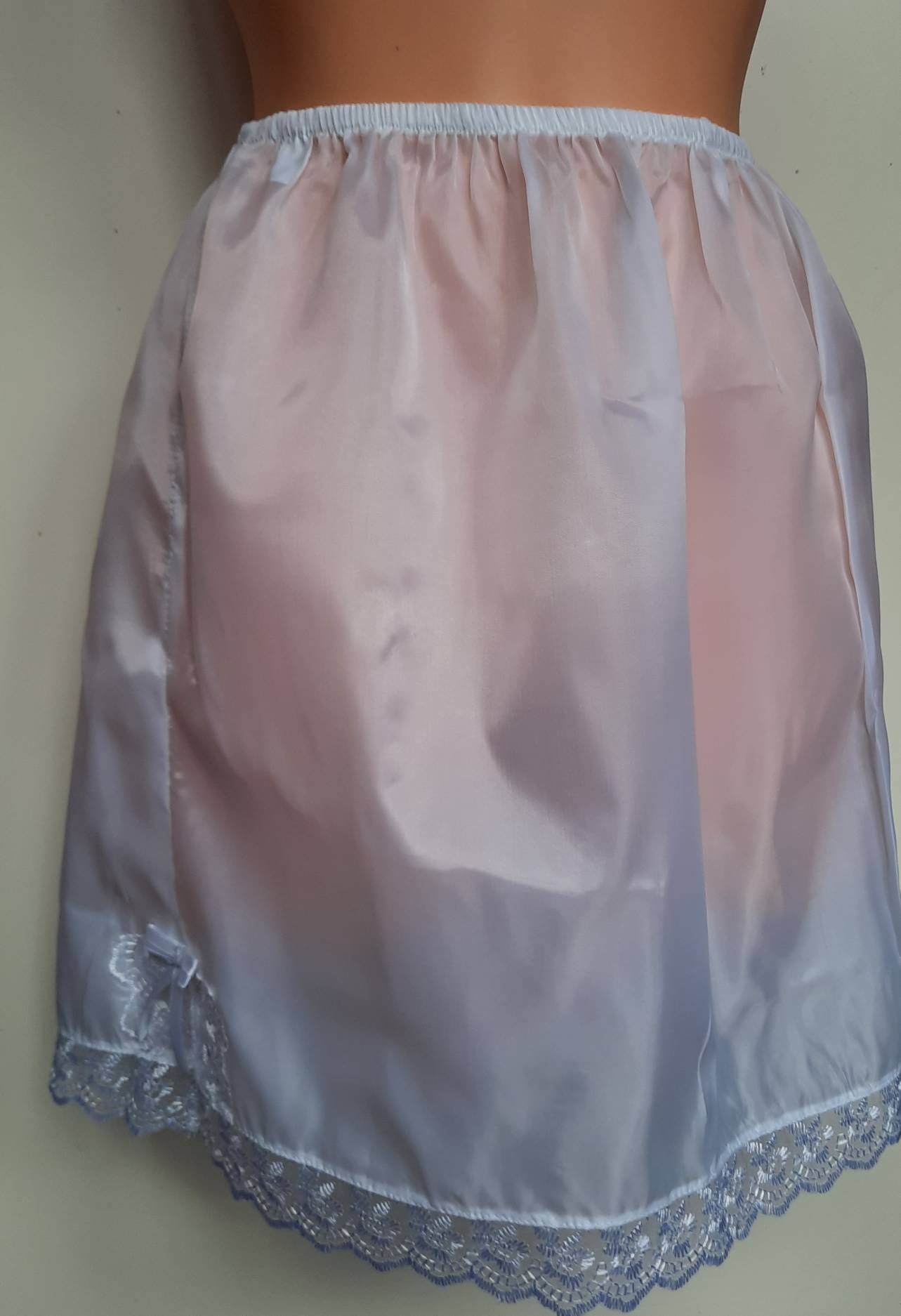 Handmade White Nylon Half Slips UK Size 620 Floral Lace Trim Waist