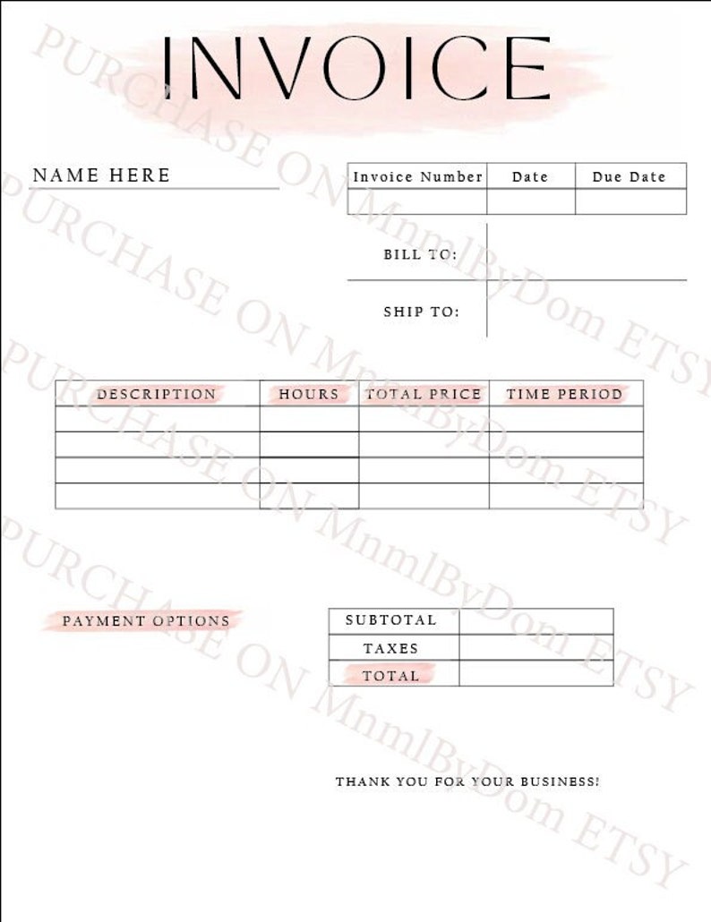 INVOICE Pink Blank Template Etsy INVOICE Pink Blank Template Etsy
