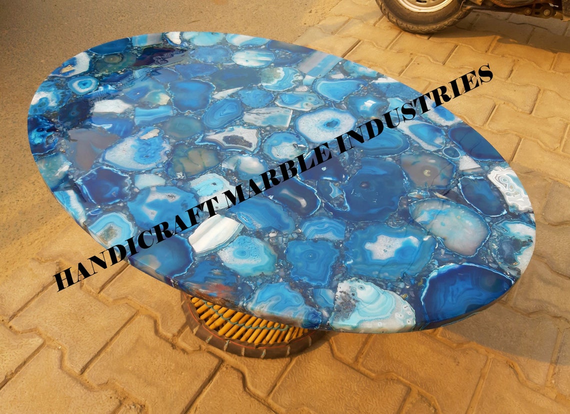 Agate Table Top Agate Oval Table Stone Dining Table Blue Etsy