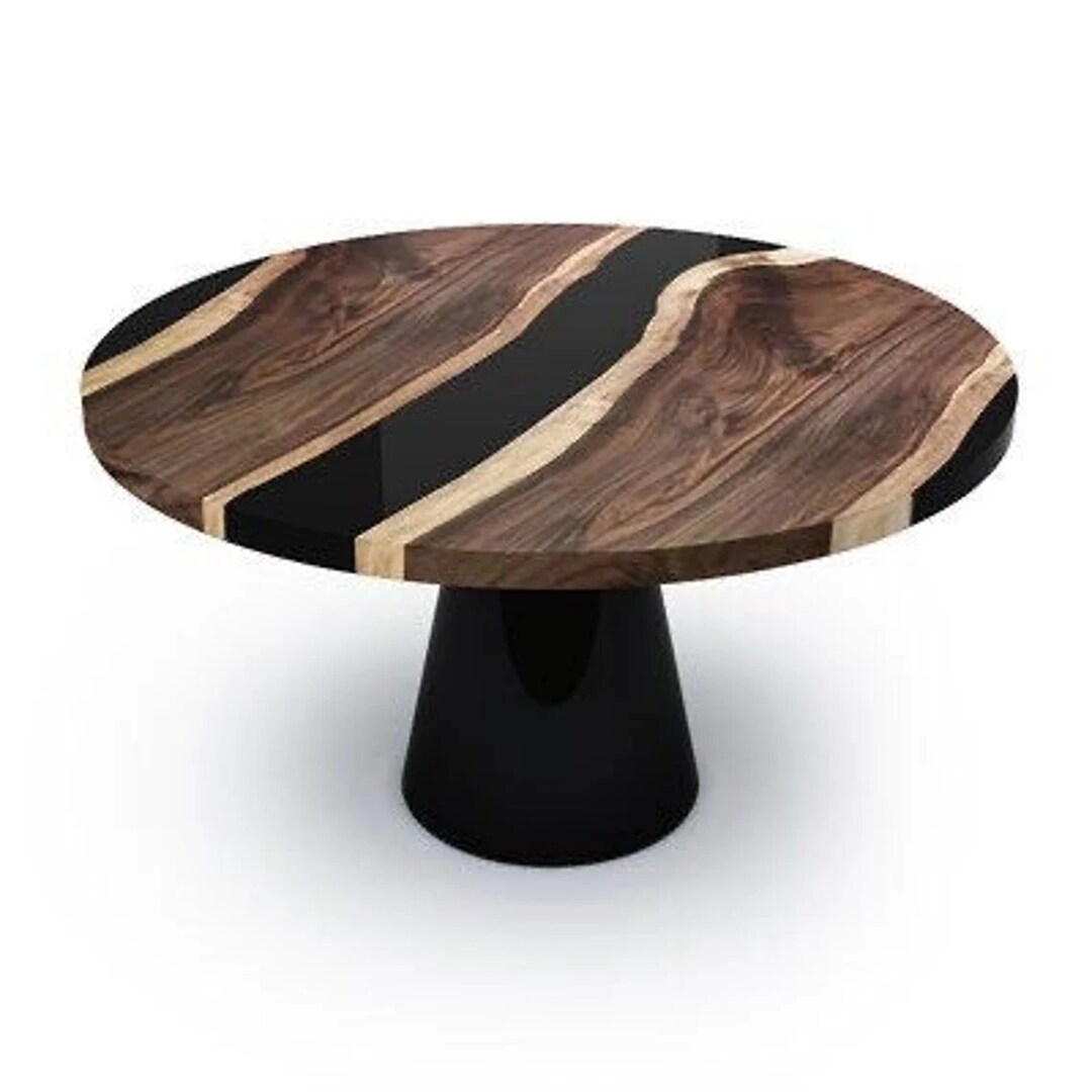 Round Epoxy Wood Dining Table, Live Edge Wooden Table, Black Epoxy