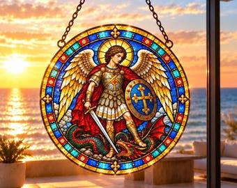 Saint Michael Suncatcher | Archangel Stained Glass Window Hanging Icon