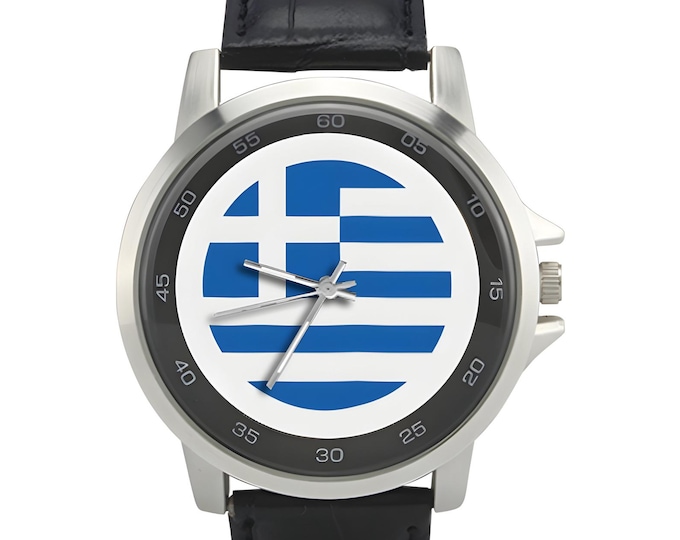 Unisex Leather Strap Greek Flag Watch