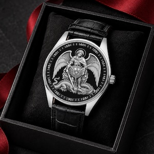Reloj de San Miguel Arcángel, reloj cristiano unisex, acero inoxidable, correa de cuero, regalo religioso