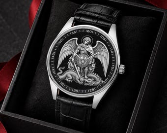 Saint Michael Archangel Watch, Unisex, Stainless Steel, Leather Strap.