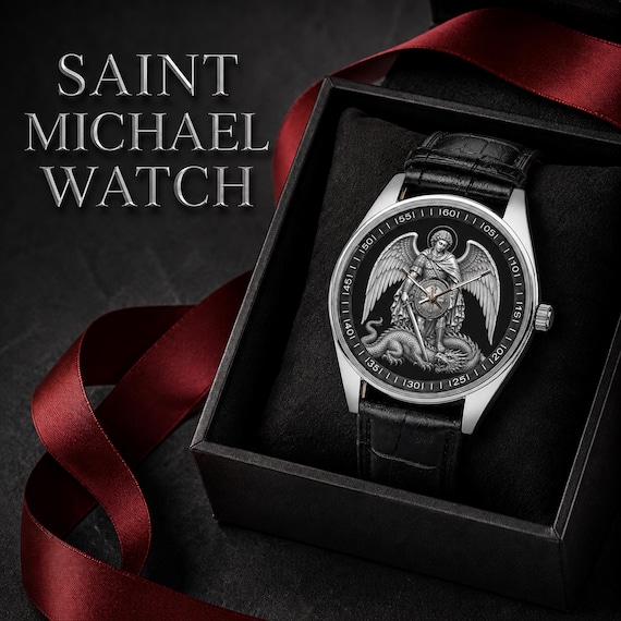 Saint Michael Archangel Watch, Unisex, Stainless Steel, Leather Strap.
