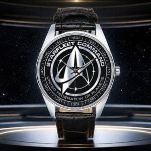 Op de afbeelding: Een zilverkleurig polshorloge met een zwarte lederen band met een textuurafwerking. De wijzerplaat is zwart met het zilveren Starfleet Command-logo, de tekst Starfleet Command en United Federation of Planets, en zilverkleurige wijzers.