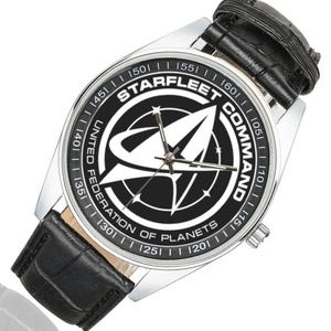 Star Trek Starfleet Command watch with stainless steel case and leather strap.