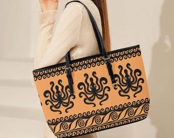 Minoan Octopus Tote Bag – Ancient Greek Art PU Leather Shopper