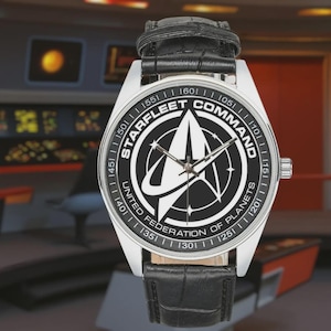 Star Trek Starfleet Command-horloge, roestvrijstalen leren band, sciencefictionfan-uurwerk