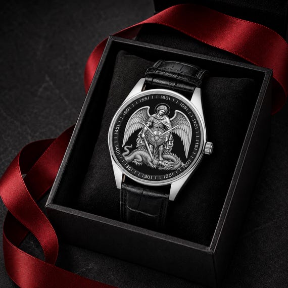 Saint Michael Archangel Watch, Unisex, Stainless Steel, Leather Strap.