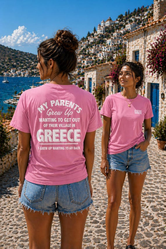 Greek Village Roots Women's Cotton T-shirt with Greek Flag