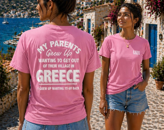Greek Village Roots Women's Cotton T-shirt with Greek Flag