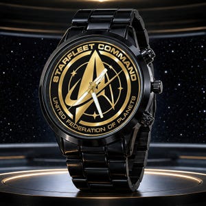 Pode incluir: Um relógio de pulso de metal preto com um mostrador circular apresentando o emblema dourado da Starfleet Command United Federation of Planets. O relógio possui uma pulseira de elos pretos, três botões laterais e ponteiros brancos sobre fundo preto.