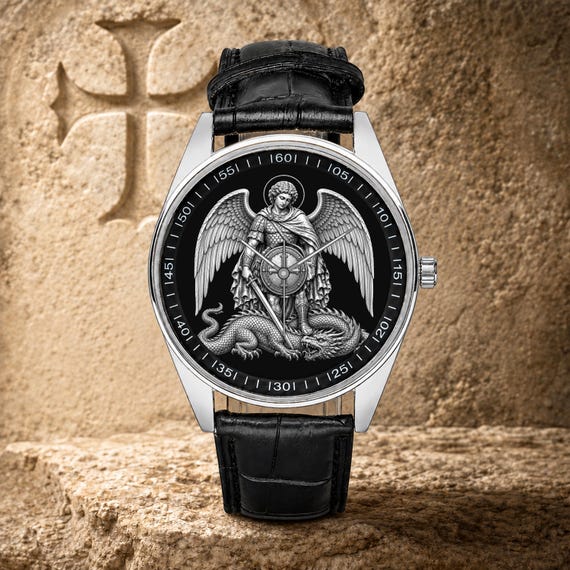Saint Michael Archangel Watch, Unisex, Stainless Steel, Leather Strap.