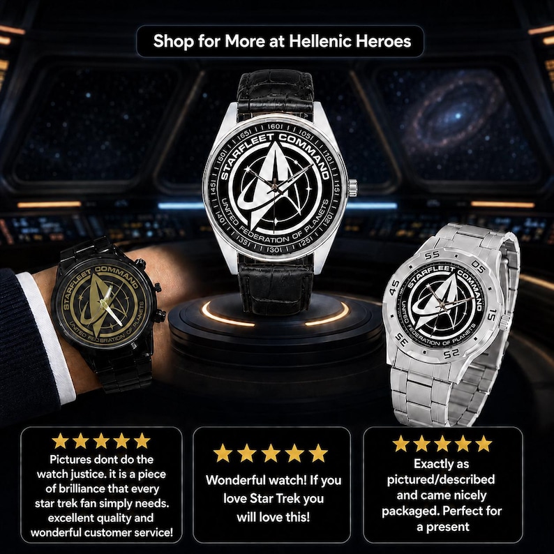 Star Trek Starfleet Command-klocka, läderarmband i rostfritt stål, klocka för sci-fi-fans bild 5