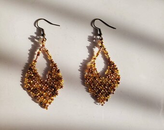 Handmade beaded earrings. Golden seed bead earrings.