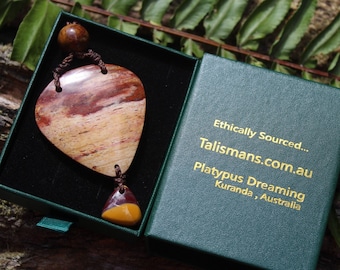 Australische mookaiet, kreek- en regenwoudjaspis, aardse unieke tribale ketting talisman, Australisch gemaakt macramékoord, zomersieradencadeau