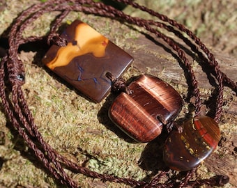 Australian Red Tiger Eye, Boulder opal iron stone and tiger iron Tigereye Necklace,Australian made Healing Crystal Pendant, Macrame Jewelry