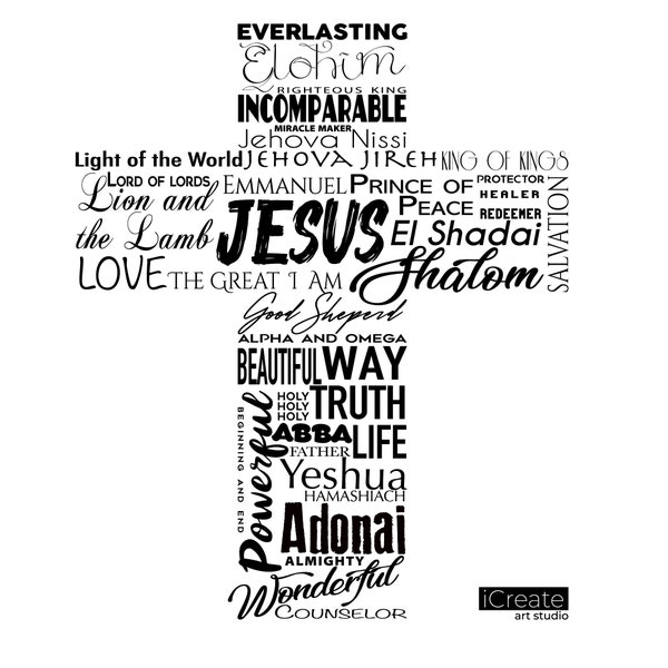 Names of God | Jesus | Love | Shaped as a Cross  *DIGITAL DOWNLOAD* | Ready for printed projects (Shirts, Canvas, Mugs) | sgv  + png  + eps