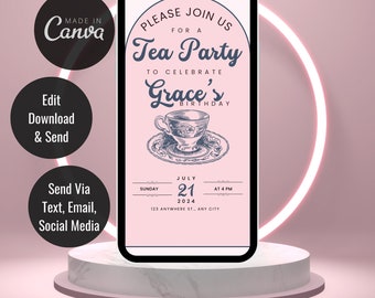 Tea Party Birthday Digital Invitation | Editable Canva Template