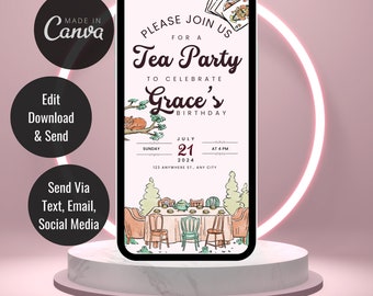 Tea Party Birthday Digital Invitation | Editable Canva Template