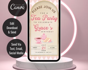 Tea Party Birthday Digital Invitation | Editable Canva Template