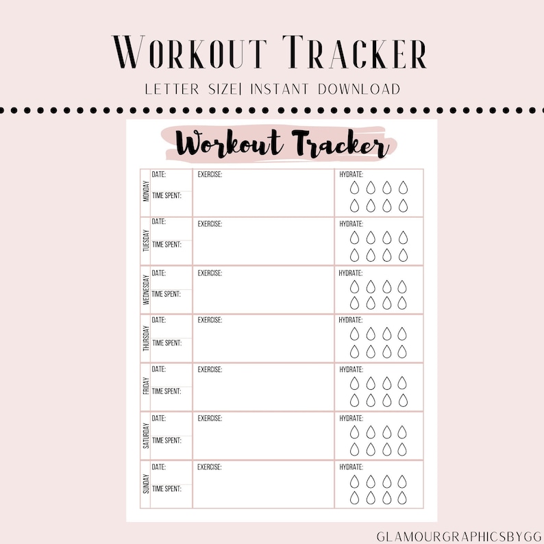 Workout Tracker Fitness Printable Fitness & Health Blush 8.5x11in image 1