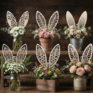 Wooden Bunny Ears Plant Picks | Floral Laser Cut Easter Decor | Boho Spring Home Decor | Rabbit Ear Basket & Pot Stakes