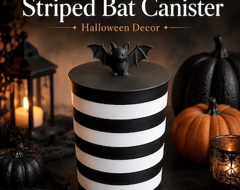 Striped Bat Halloween Canister with Lid | Black and White Spooky Decor | Halloween Candy Jar, | Gothic Kitchen Shelf Decoration