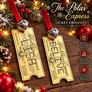 May include: Two gold-toned metal ticket ornaments for The Polar Express, each featuring a red ribbon and a silver jingle bell. One ticket reads ROUND TRIP and the other BELIEVE, both dated December 2026 with the text No 122552026.