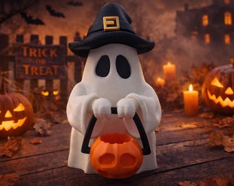 Mini Halloween Ghost Decor with Pumpkin Bucket | Cute Trick or Treat Shelf Sitter | Tiered Tray Decor | 3D Printed Halloween Gift