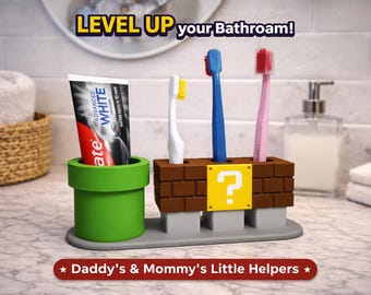 Game Inspired Toothbrush Holder  | Kids Bathroom Organizer | Toothbrush & Toothpaste Holder | Fun Bathroom Decor | Choose Base Color