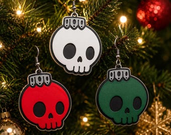 Skull Christmas Ornament Earrings | Spooky Holiday Earrings | Lightweight Statement Earrings | Christmas Skull Jewelry | Goth Christmas Gift