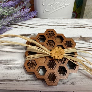 Honeybee Coaster Set of 4 | Ready To Ship | Wood Coasters | Bee Lover | Honeycomb Coasters | Bee Gifts