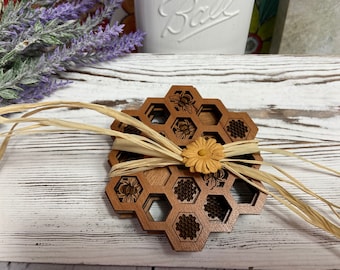Honeybee Coaster Set of 4 | Ready To Ship | Wood Coasters | Bee Lover | Honeycomb Coasters | Bee Gifts