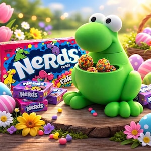 May include: A vibrant Easter scene with a green frog-shaped container filled with colorful candies. Boxes of Nerds candy and decorated Easter eggs surround the frog. A basket of eggs and flowers complete the festive display.